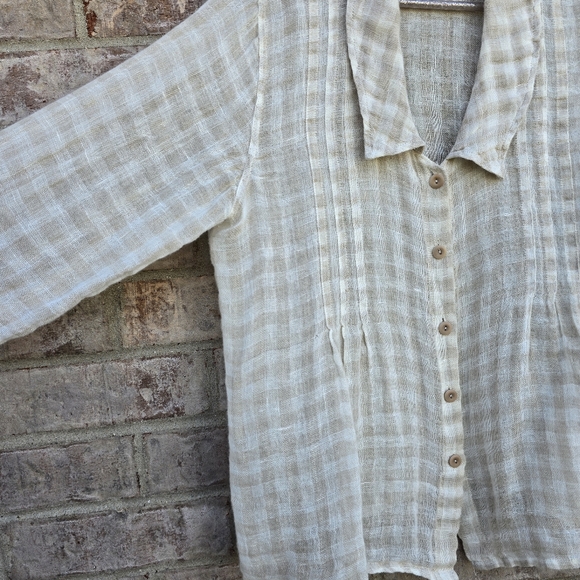 Flax Womens Striped Blouse Peter Pan Collar Button Front Linen Pleated Small - Picture 4 of 10
